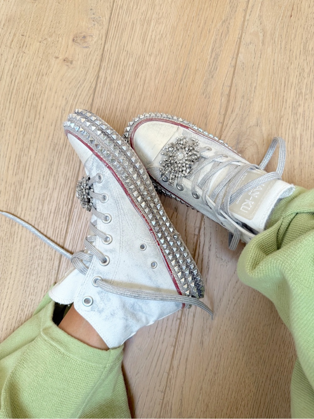 Nan-Ku White Rhinestone Studded High-Top Sneakers